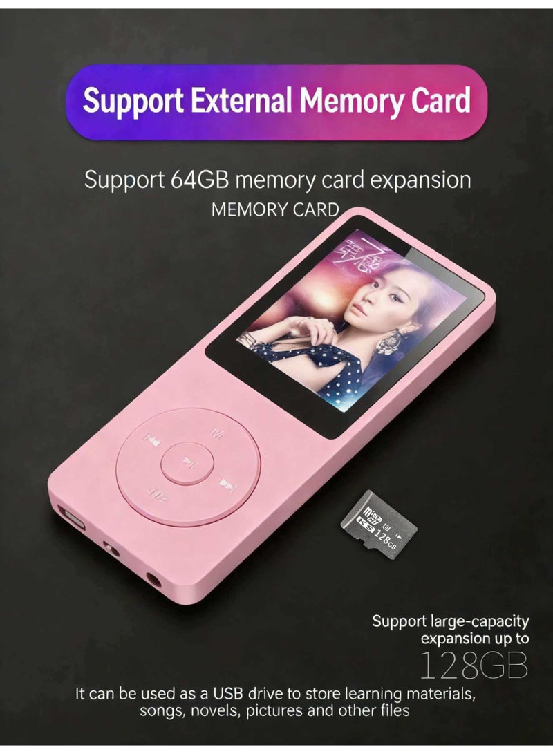 مشغل MP3 بلوتوث، سعة تخزين 128 جيجابايت، شاشة 1.8 بوصة، مكبر صوت مدمج، دعم راديو FM، تسجيل صوتي، متوافق مع الكتب الإلكترونية. مصمم للرياضة والجري، مشغل وسائط محمول (إصدار وردي) - Image 4